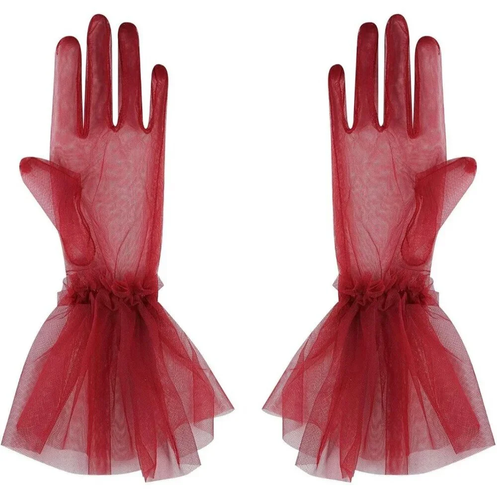 Women's Puffy Ruffle Burgundy Tulle Sheer Mesh Party Prom One Size Short Gloves